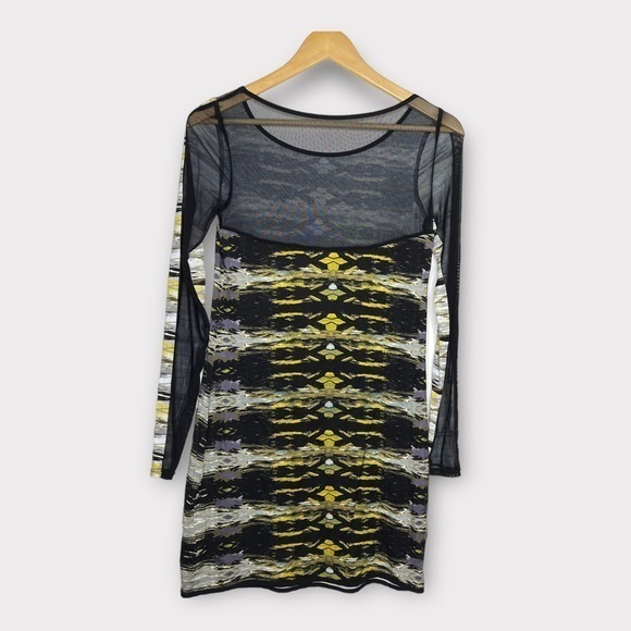 UO Silence & Noise‎ Yellow & Black Long Sleeve Mini Bodycon Dress Mesh Small - Picture 2 of 6